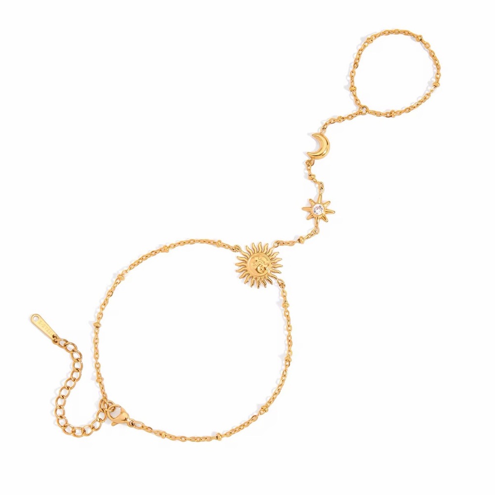 18K Gold Plated Sun and Moon Hand Chain Bracelet - Picture 3 of 7